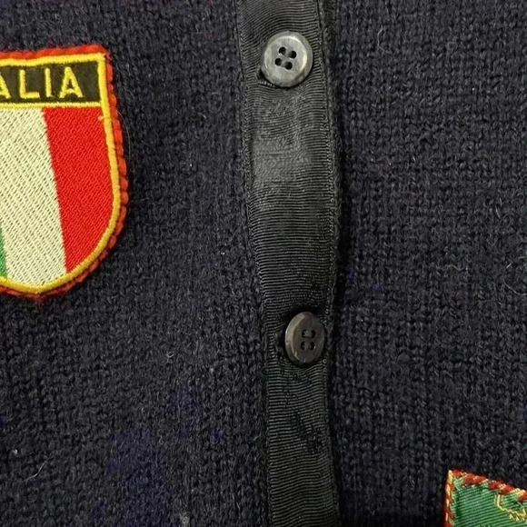 Rare VTG Shetland Wool Cardigan World Patches Navy Size Small Tweed & Tartan - Picture 3 of 9